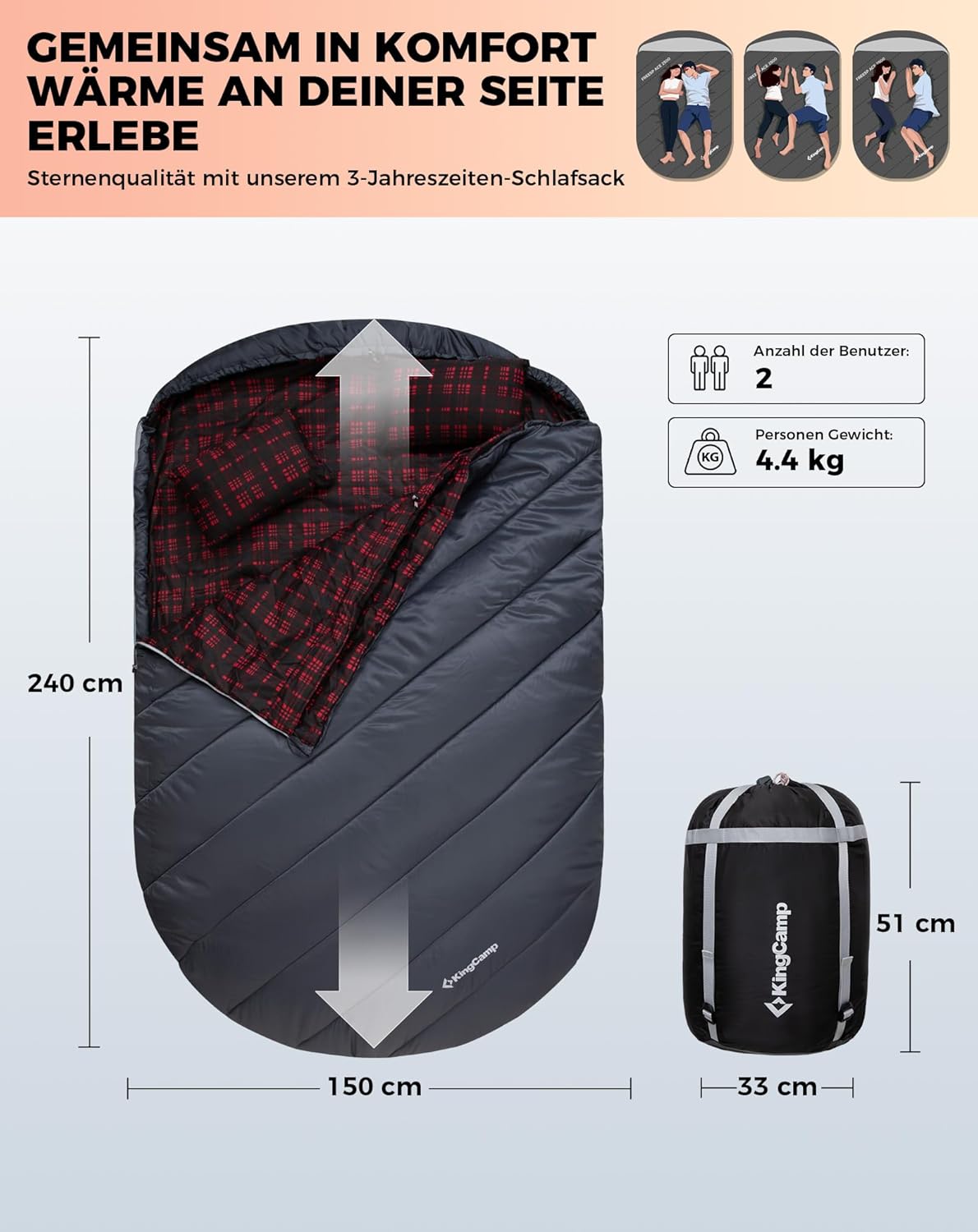 KingCamp Doppelschlafsack Flanell, Schlafsack 2 Personen, Schlafsack 3-4 Jahreszeiten, wasserfest, warm und komfortabel, verpackbar Schlafsack Outdoor