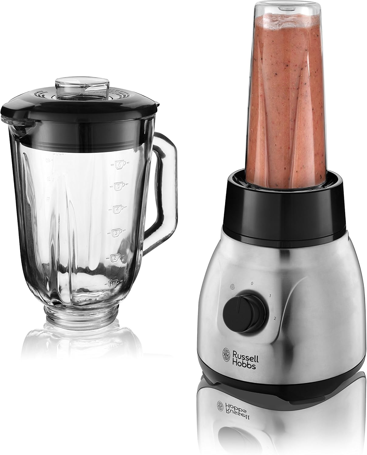Russell Hobbs Frullatore 2-in-1 [Frullatore con caraffa in vetro da 1,5 l e mini frullatore da 0,6 l con borraccia to-go con coperchio] Lavabile in lavastoviglie, Funzione Pulse/Tritaghiaccio, Bicchieri senza BPA, Acciaio inox 23821-56