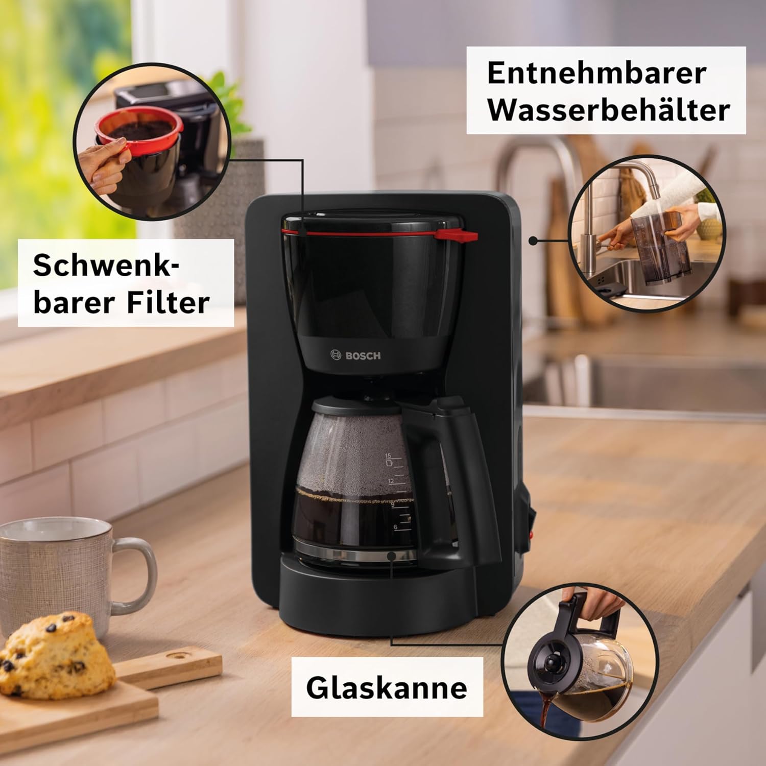 Bosch Filterkaffeemaschine MyMoment TKA3M134, Thermokanne 1 L, für 8-12 Tassen, Tropfstopp, schwenkbarer Filtertrger, Entkalkungsprogramm, abnehmbarer Wassertank, 1200 Watt, Schwarz matt