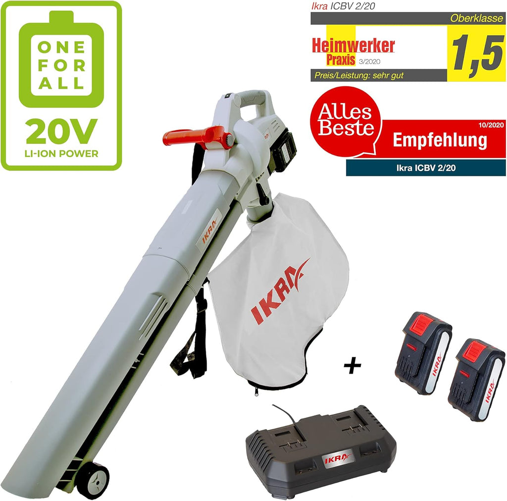 IKRA 74003200 Batteria Soffiatore Aspiratore Trituratore 3in1 ICBV 2/20 incl. 2 batterie e caricatore doppio rapido, 40 V, Grigio/Rosso