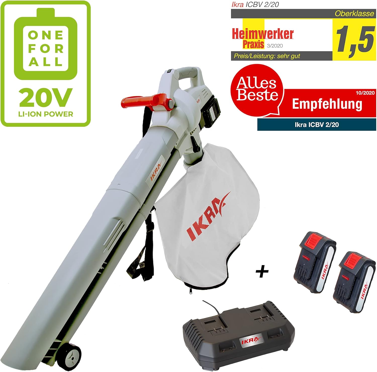 IKRA 74003200 Batteria Soffiatore Aspiratore Trituratore 3in1 ICBV 2/20 incl. 2 batterie e caricatore doppio rapido, 40 V, Grigio/Rosso