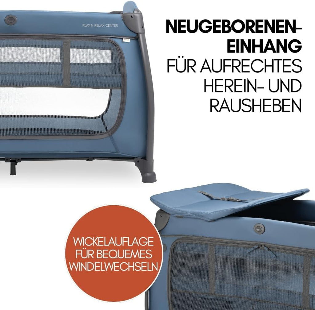 hauck Baby Reisebett Play n Relax Center Set mit Komfort Matratze und Insektenschutz - Babyreisebett mit Neugeborenen Einsatz, Wickelauflage und Tasche (höhenverstellbar & faltbar) - Dark Blue