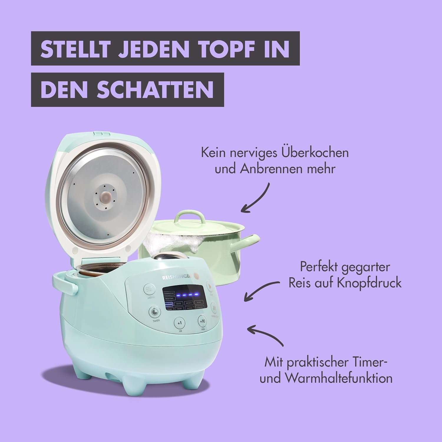 REISHUNGER Cuociriso digitale piccolo, nero | Da 0,6 L fino a 3 persone | Funzione mantenimento calore, timer e pentola premium | Multicooker e vaporiera piccoli, 8 programmi, tecnologia a 7 fasi