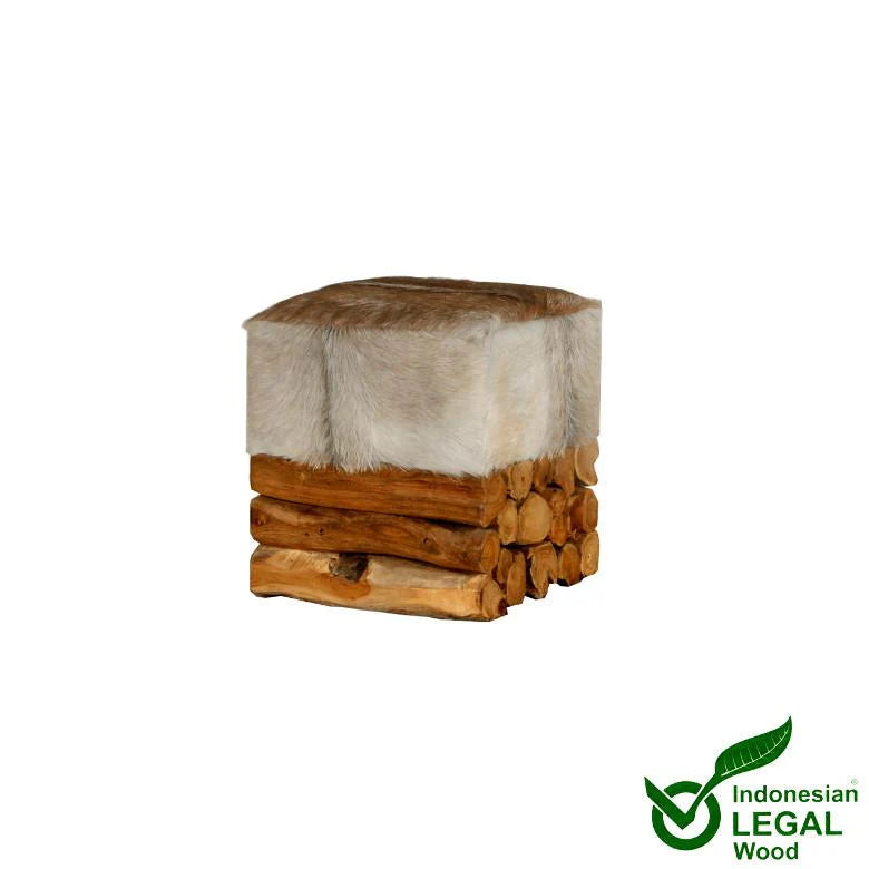 Sgabello in legno di teak e radica BARON con pelliccia di capra