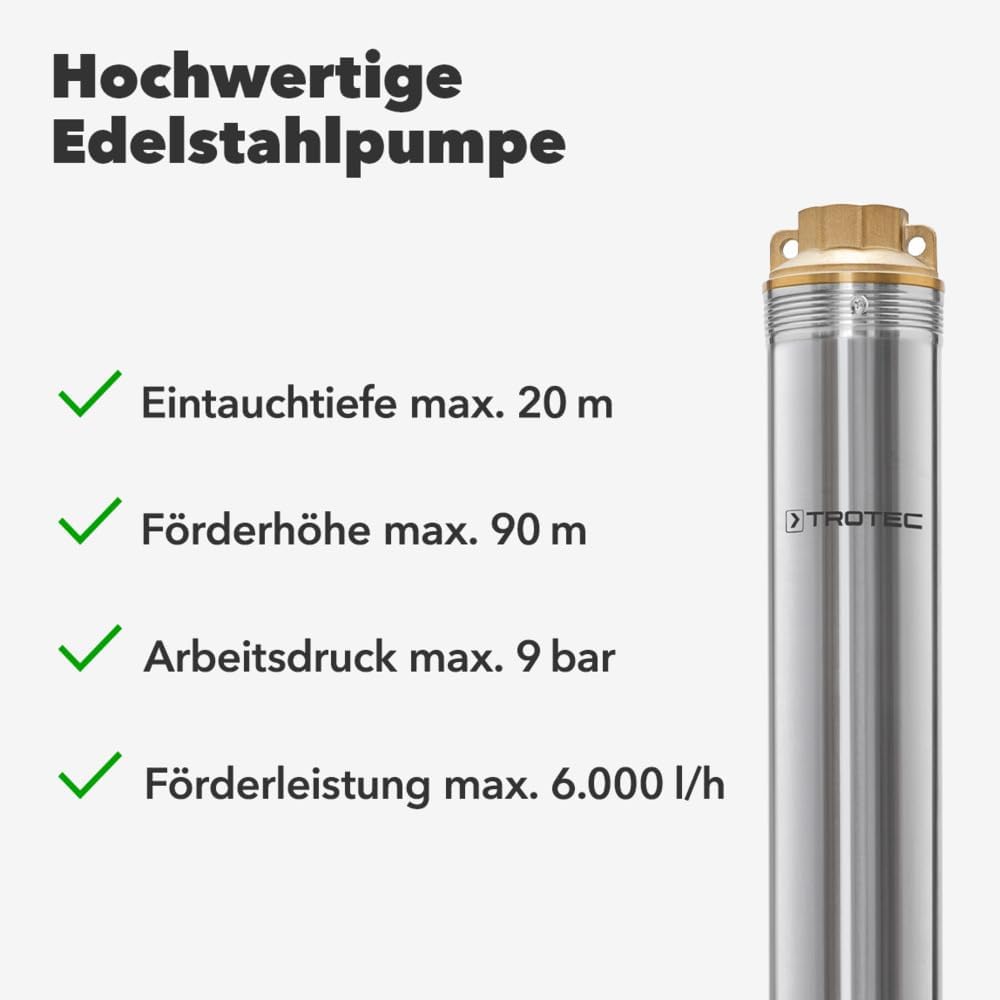 TROTEC Tiefbrunnenpumpe TDP 7501 E – Wasserpumpe mit Fördermenge 6000 l/h, 1100 W – Förderhöhe 90 m, ø 8,6 cm, IP68 für Pumpe, Edelstahlpumpe