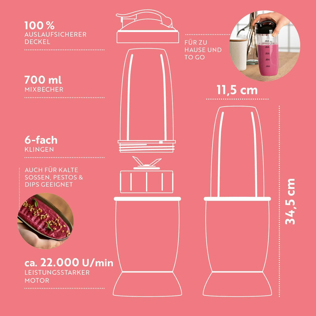 GOURMETmaxx Frullatore per Smoothie e Frullatore a Immersione Set da 18 pezzi - 400W | Frullatore Elettrico da 750ml, Mixer con 4 Bicchiere To-Go, 2 Lame, Spremiagrumi, Piedistallo e Coperchio | Lavabile in Lavastoviglie, a Prova di Perdite e Senza BPA