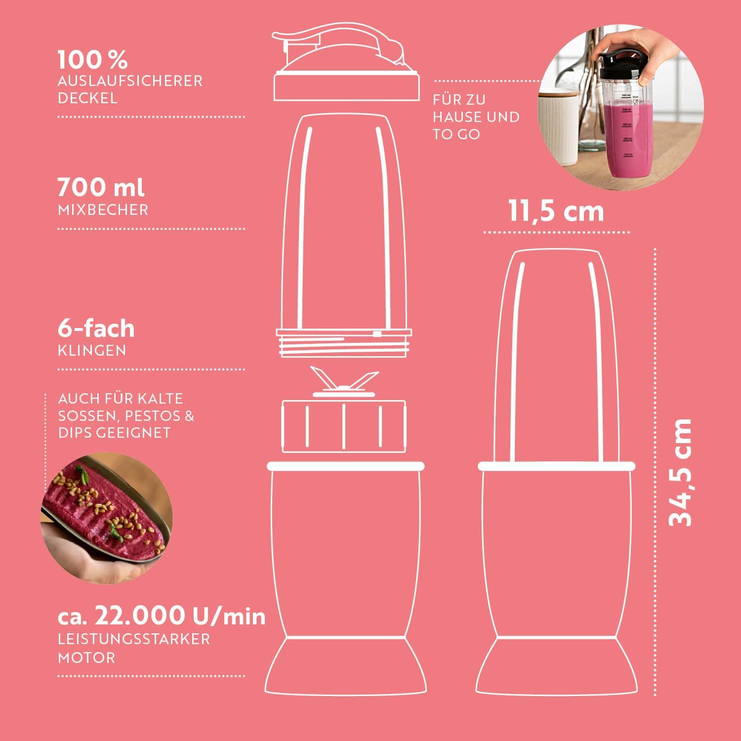 GOURMETmaxx Frullatore per Smoothie e Frullatore a Immersione Set da 18 pezzi - 400W | Frullatore Elettrico da 750ml, Mixer con 4 Bicchiere To-Go, 2 Lame, Spremiagrumi, Piedistallo e Coperchio | Lavabile in Lavastoviglie, a Prova di Perdite e Senza BPA