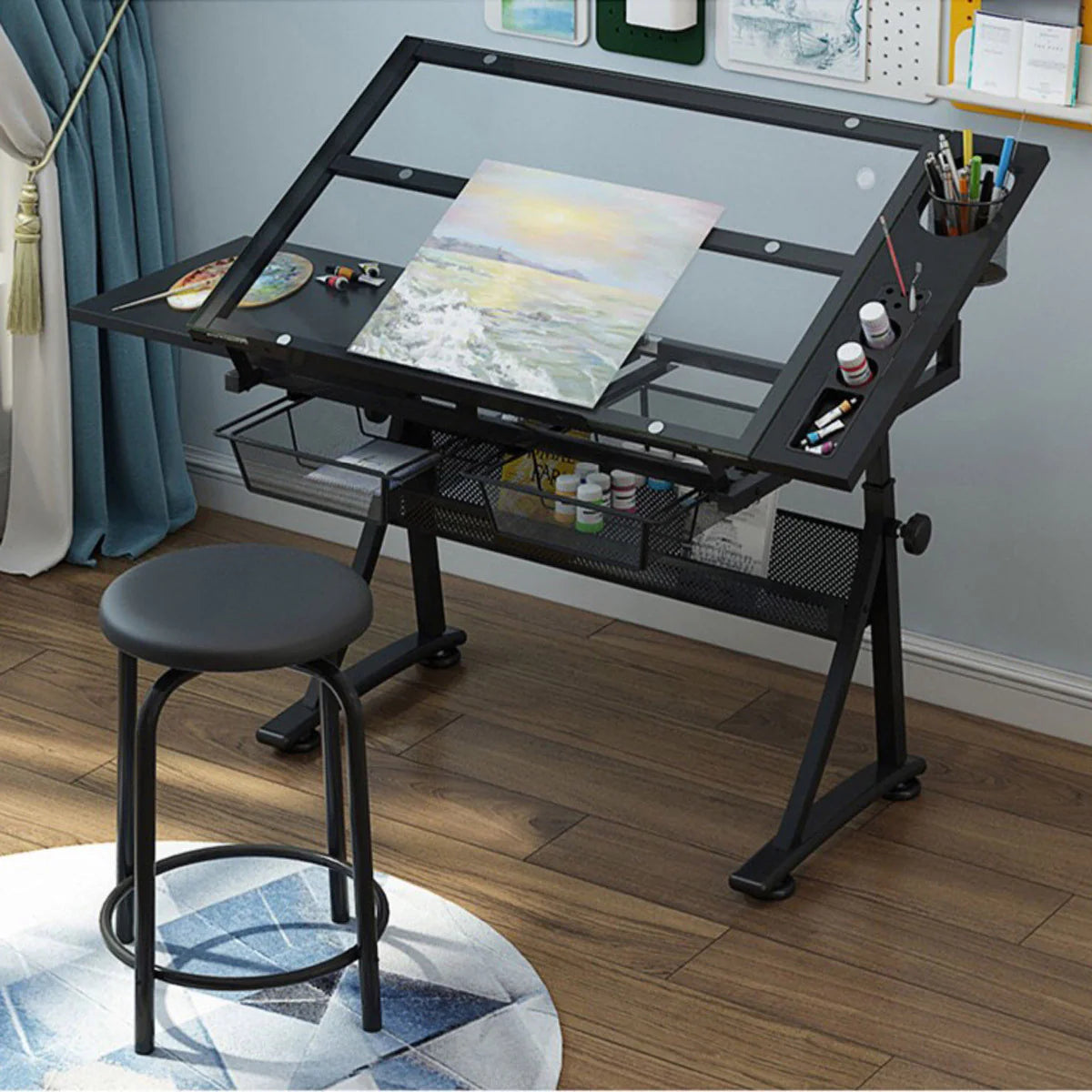 Lykke drawing table with glass surface and stool