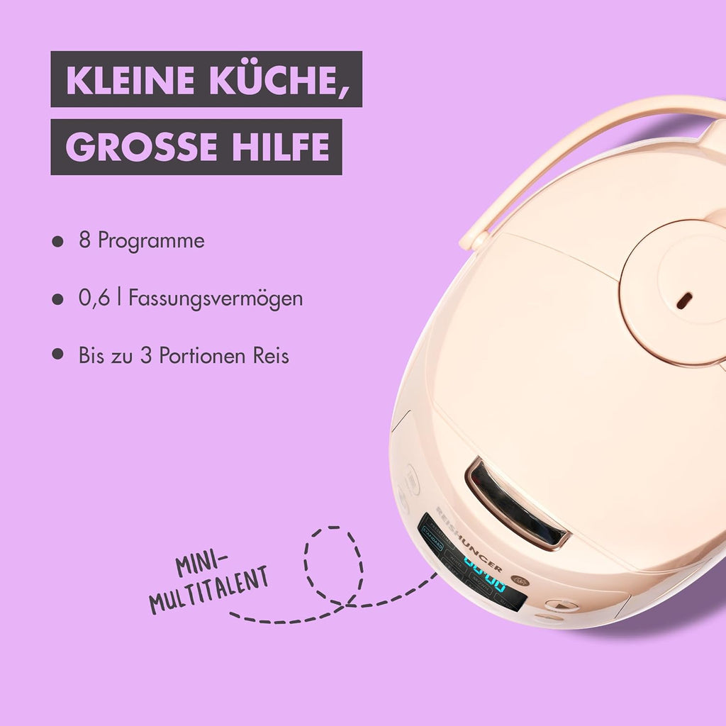 REISHUNGER Cuociriso digitale piccolo, nero | Da 0,6 L fino a 3 persone | Funzione mantenimento calore, timer e pentola premium | Multicooker e vaporiera piccoli, 8 programmi, tecnologia a 7 fasi