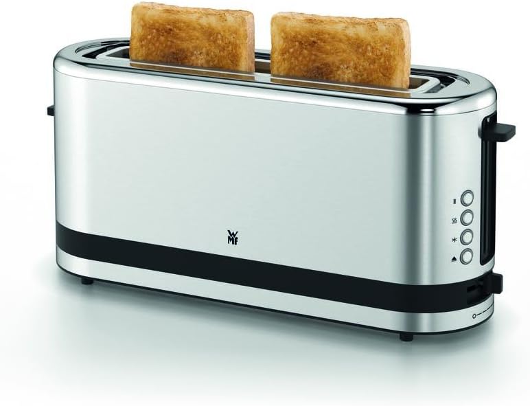 WMF Küchenminis Tostapane a fessura lunga con accessorio scaldabriosche, 2 fette, XXL, funzione bagel, 7 livelli di doratura, 900W, Tostapane acciaio inox opaco