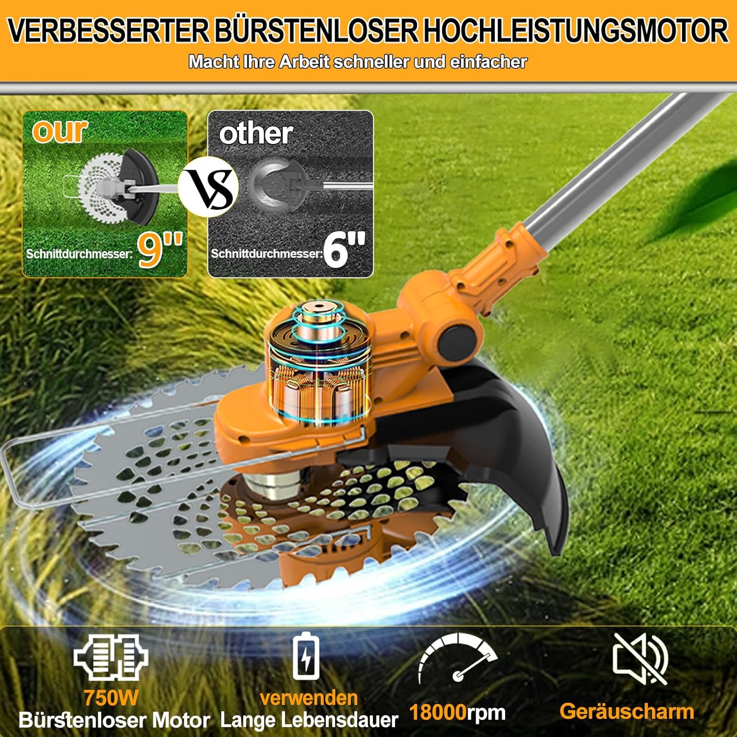 Akku Rasentrimmer mit Akku und Unkrautbürste 4 in 1 Freischneider mit Unkrautbürste 21V Bürstenloser Freischneider, Elektro Motorsense mit 2 Akku 4.0Ah und Ladegerät Teleskop, Verstellbarer, Orange