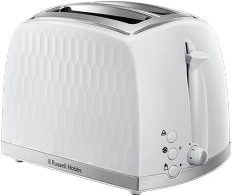 Russell Hobbs Honeycomb Tostapane 2 Fette (Fessure Extra Larghe, Funzione Sollevamento Extra, 6 Livelli di Tostatura, Funzioni Scongelamento/Annulla/Riscalda, Vassoio Raccoglibriciole Removibile, 850 W, Bianco testurizzato)