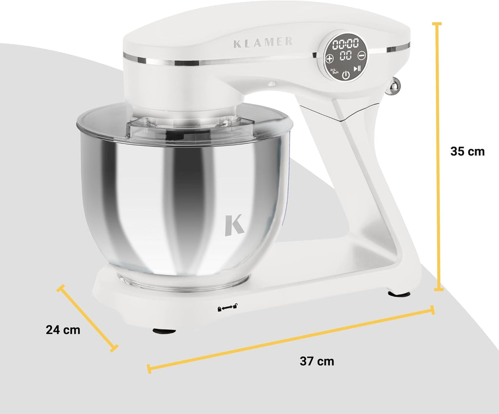 KLAMER Robot da Cucina 1800W, Impastatrice per Pane con Ciotola in Acciaio Inox da 6 L, 10 Velocità con Timer, Movimento Planetario, Frusta a Filo, Gancio Impastatore, Frusta a Palloncino e Coperchio Antischizzi (Nero)