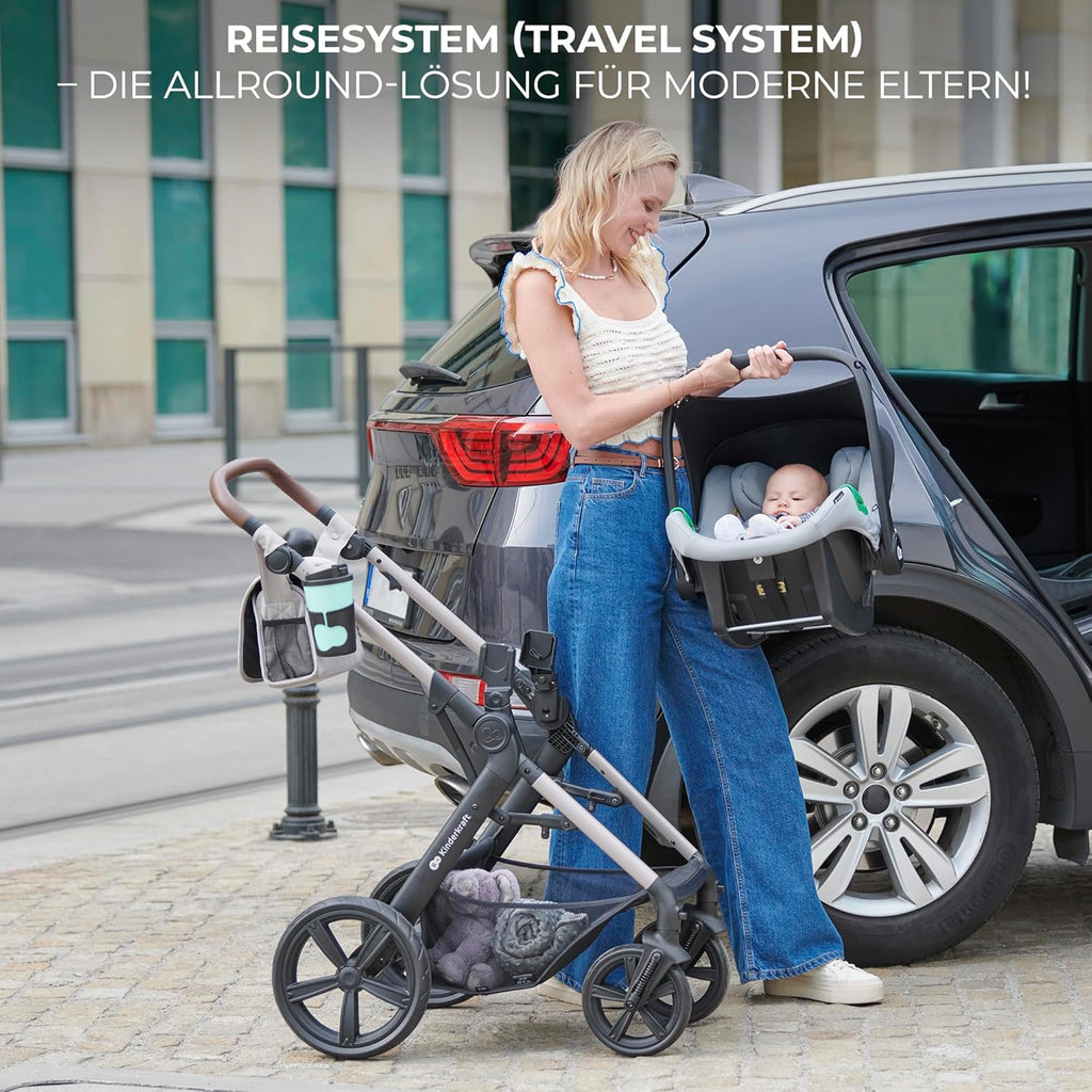 Kinderkraft MOOV2 AIR Passeggino 3 in 1, Set da 26 kg con seggiolino auto I-SIZE 40-75 cm, funzione passeggino, schienale reclinabile, ampia cappottina estensibile, ruote gonfiabili, grigio