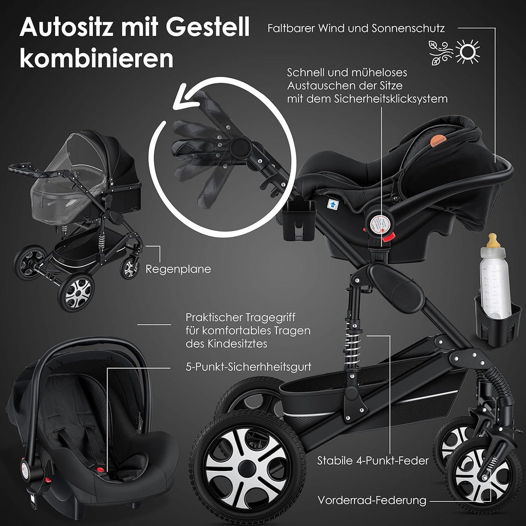 KESSER® Loops Passeggino Trio 3 in 1, Set Completo con Navicella, Seduta Passeggino e Seggiolino Auto Ovetto, Ruote in Gomma Piena, Borsa Fasciatoio, Parapioggia, Tavolino, ECE R129, Nero/Champagne