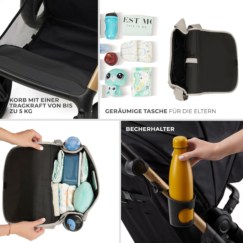 Kinderkraft MOOV2 AIR Passeggino 3 in 1, Set da 26 kg con seggiolino auto I-SIZE 40-75 cm, funzione passeggino, schienale reclinabile, ampia cappottina estensibile, ruote gonfiabili, grigio