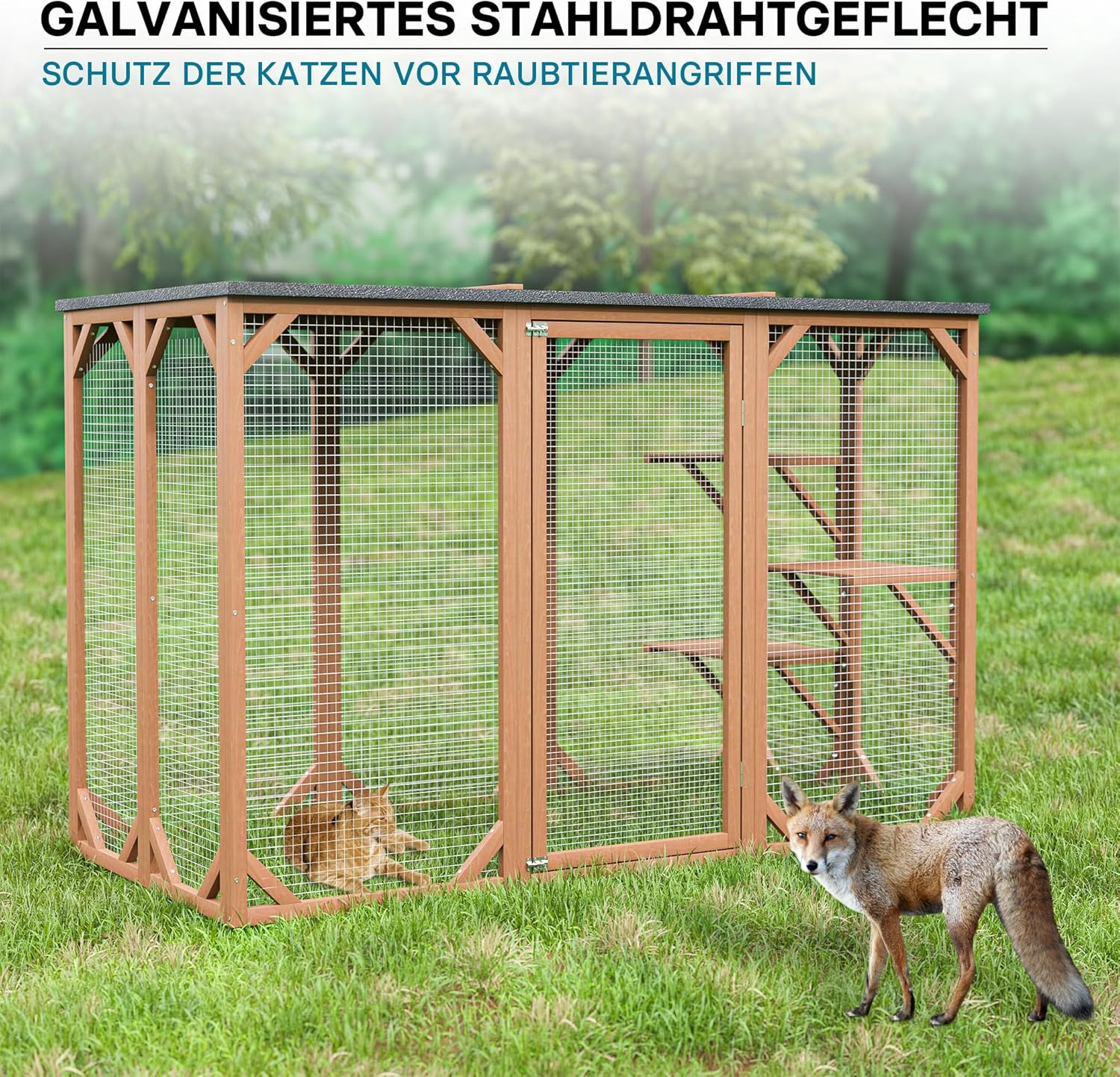 Wiltec Recinto esterno per gatti 168 x 82 x 166,5 cm con 6 piattaforme, gabbia per gatti da giardino resistente alle intemperie, cuccia per gatti con rete metallica e tetto in bitume