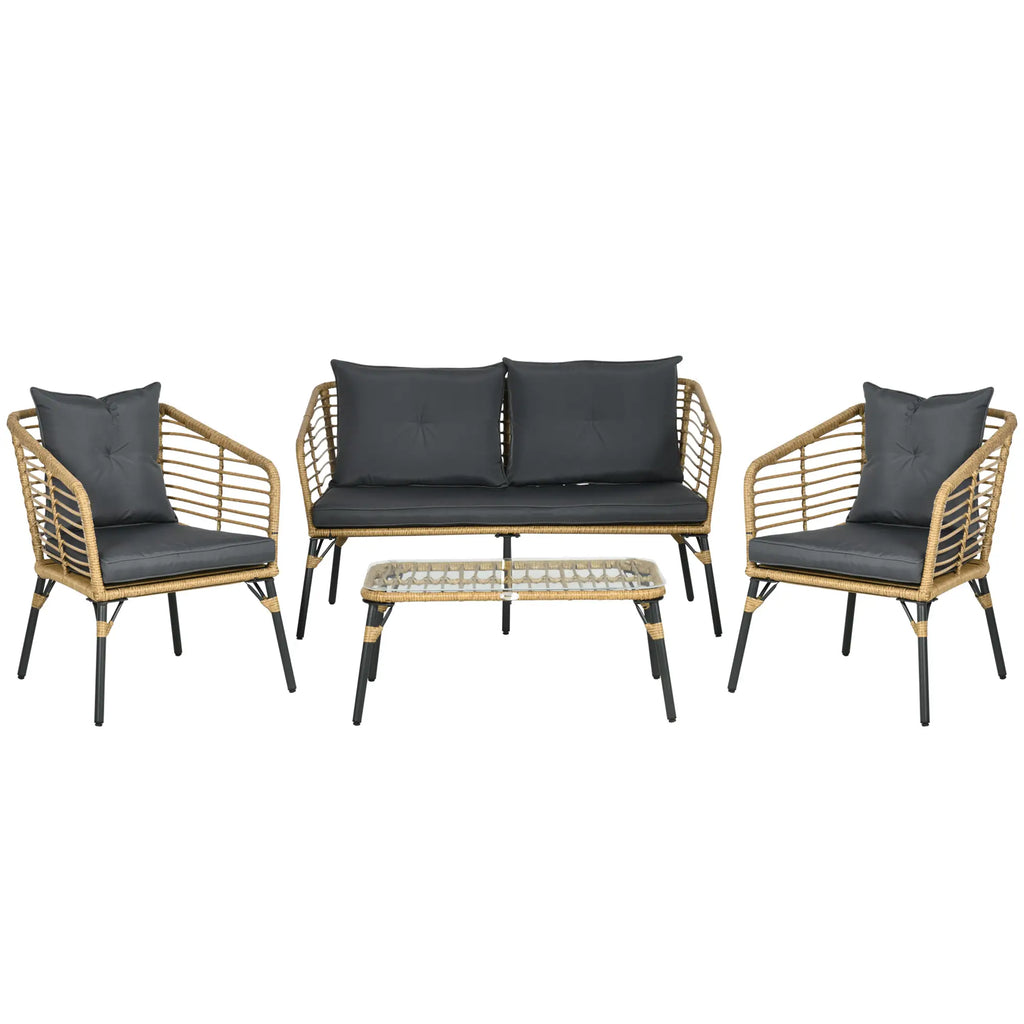 Outsunny Set Divano da Giardino in Polyrattan 4 pz Stile Boho Tavolino in Vetro