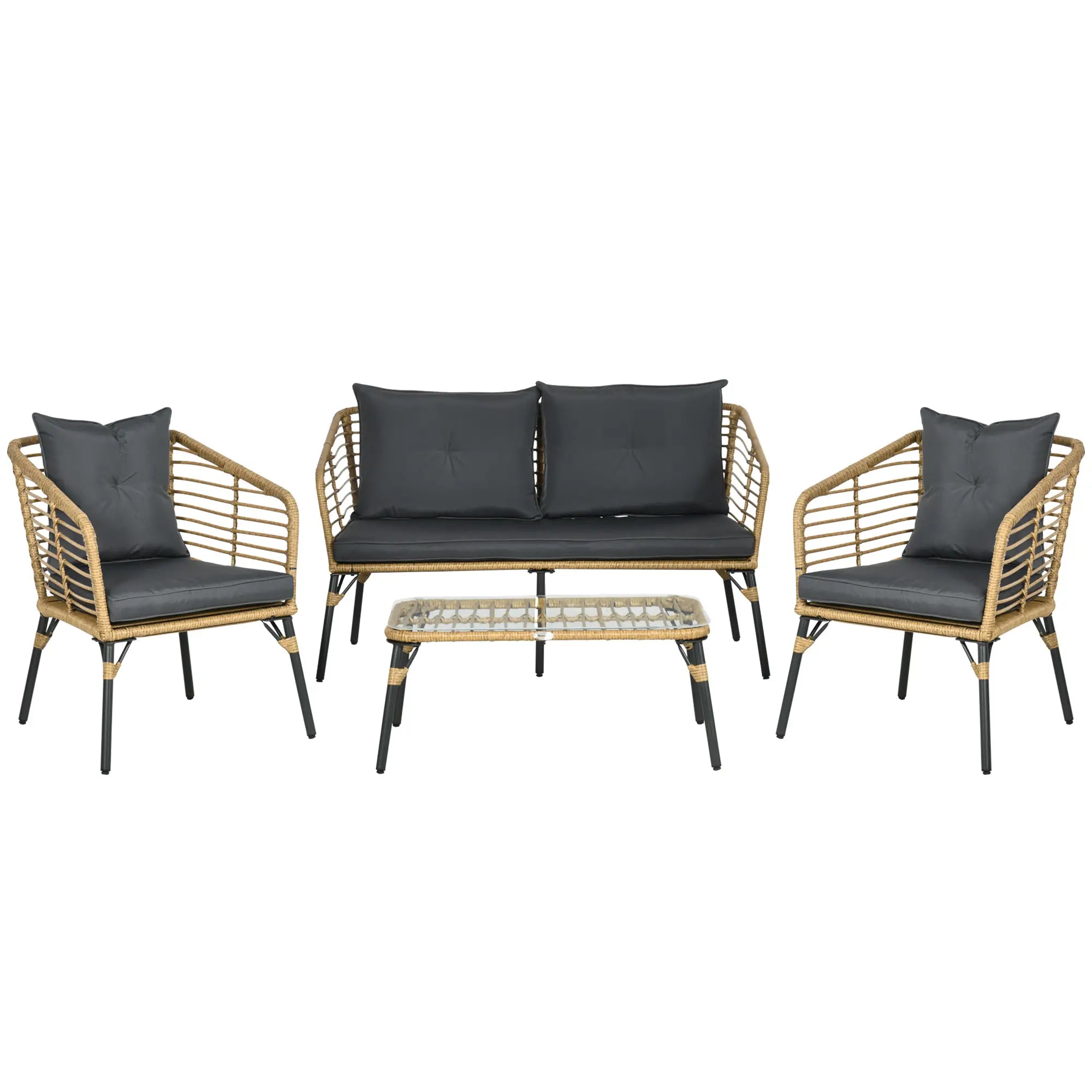 Outsunny Set Divano da Giardino in Polyrattan 4 pz Stile Boho Tavolino in Vetro