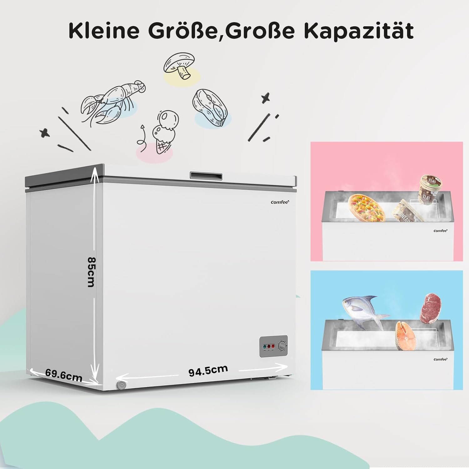 Comfee RCC100WH2(E) Congelatore a Pozzo/169 kWh/anno/85cm di altezza/99L/38dB/Bassa rumorosità/Tubo a D ad alta efficienza/Adatto a diversi scenari d'uso/Regolatore di temperatura regolabile/Bianco