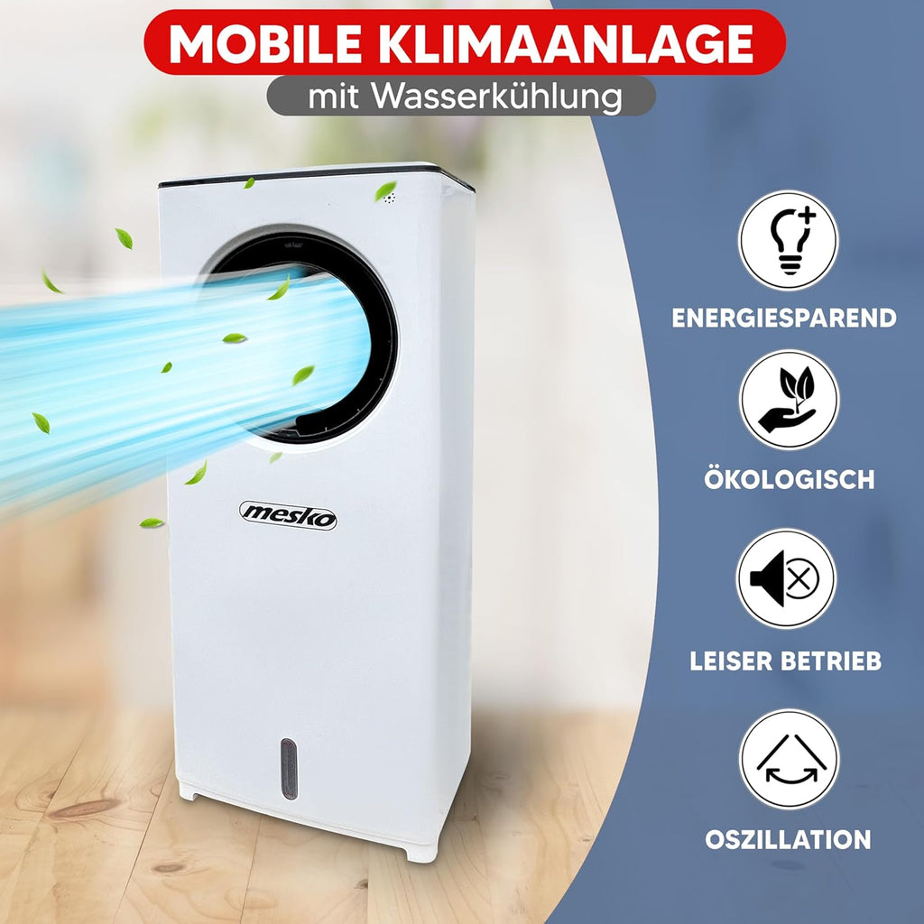 JUNG LIFEAIR Condizionatore Portatile Senza Tubo di Scarico, con Telecomando, Timer 15,5 ore, 60 dBA, 2in1 - Raffrescatore, Ionizzatore, Ventilatore Portatile con Raffreddamento ad Acqua, Climatizzatore Portatile Silenzioso