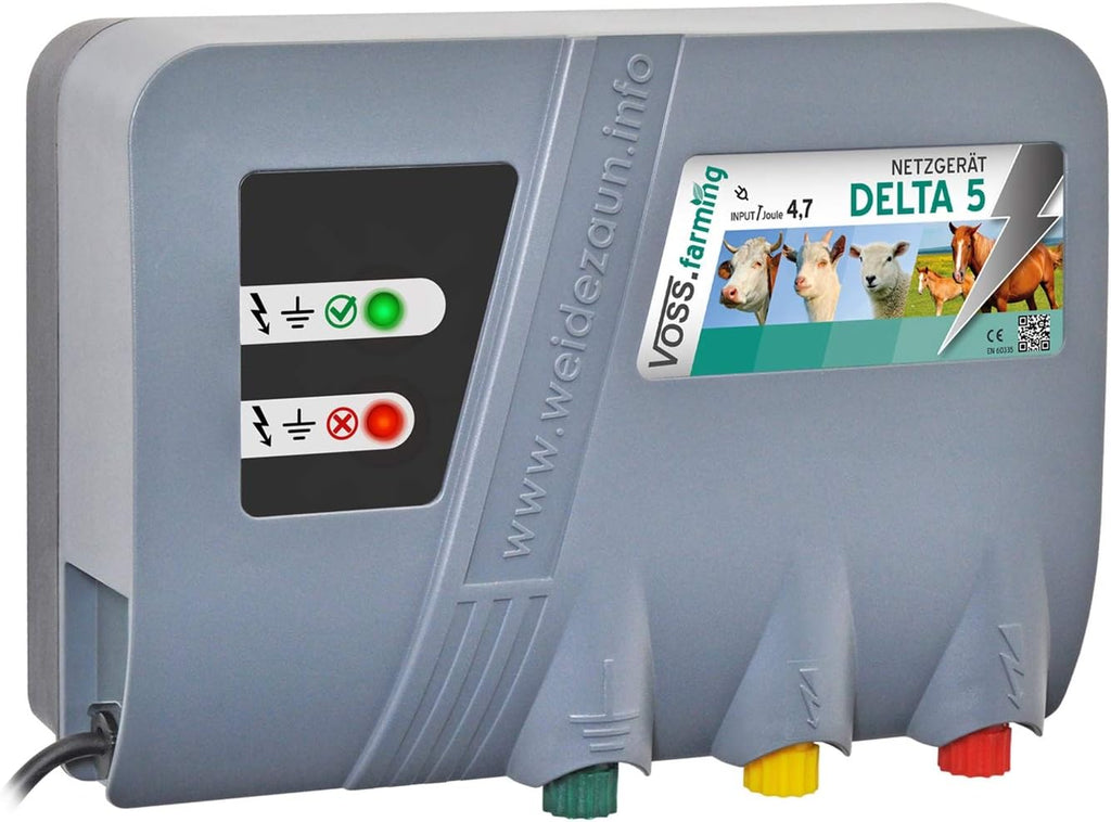 VOSS.farming Weidezaungerät Delta 5, 230V Elektrozaungerät, 4,7 Joule, 11300 Volt, zum Einzäunen von Pferden, Rindern, Schafen, Schweinen, Geflügel, Wildtierabwehr, Wolfsabwehr