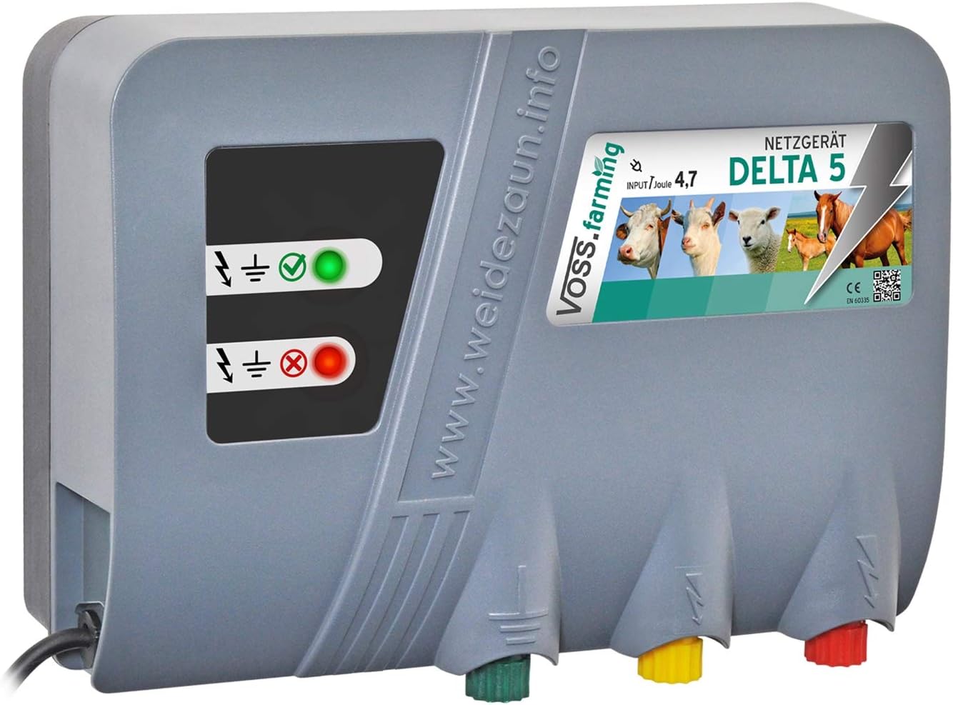VOSS.farming Weidezaungerät Delta 5, 230V Elektrozaungerät, 4,7 Joule, 11300 Volt, zum Einzäunen von Pferden, Rindern, Schafen, Schweinen, Geflügel, Wildtierabwehr, Wolfsabwehr