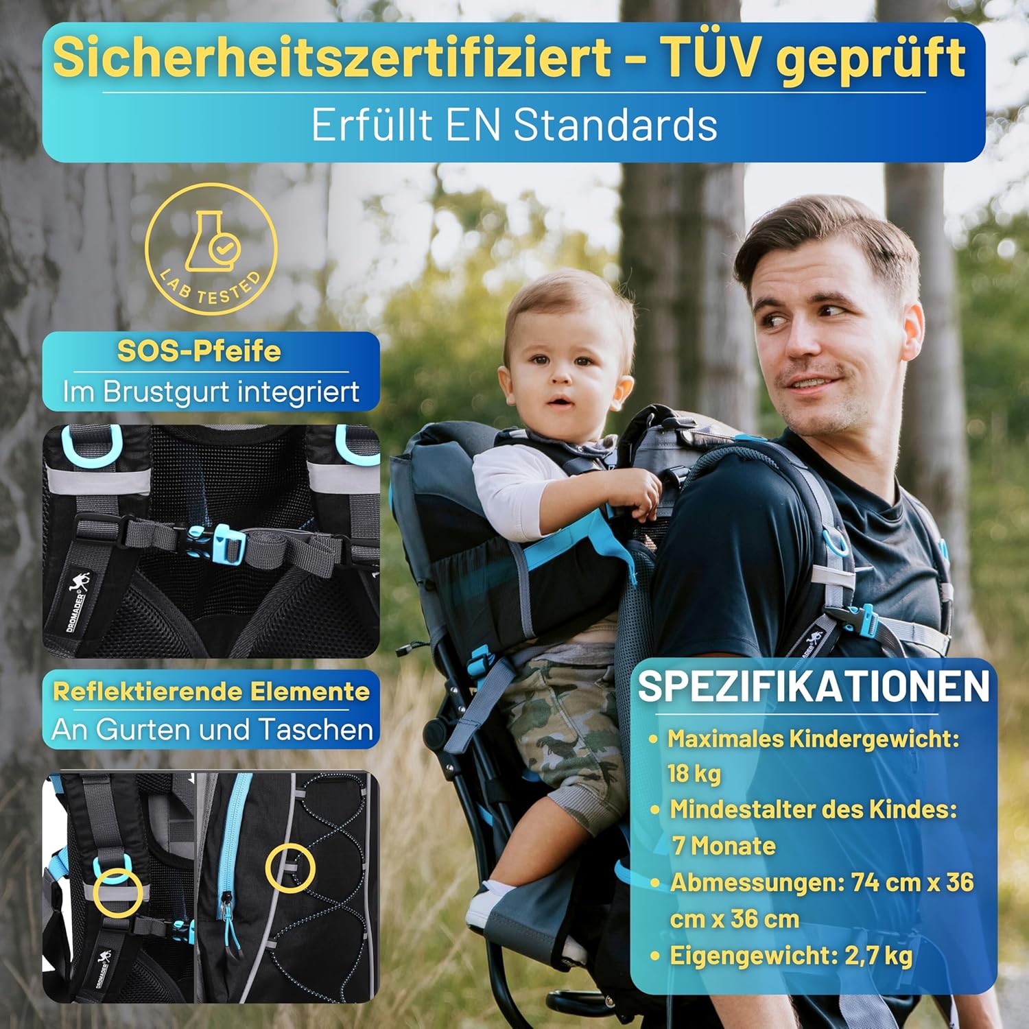 Dromader Kraxe Kindertrage bis 22kg – Kindertrage Wandern mit Sonnendach, Regenschutz, Thermotasche, Wickelmatte – Einhändig klappbare Rahmen – Blau