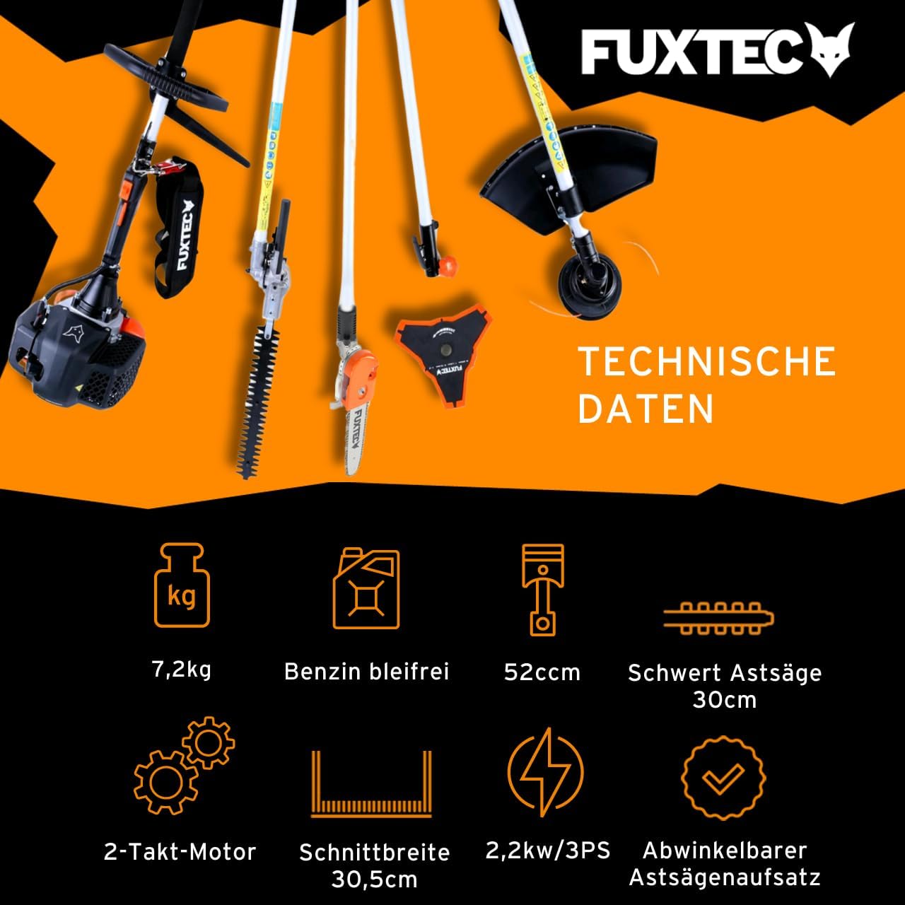 FUXTEC Decespugliatore a Benzina FX-MT252ER Multitool 5in1, 52 cc, Imbracatura Incl. Prolunga 1m 3 CV Combinata Tagliasiepi con Potatore Regolabile su Asta Sistema Combinato Decespugliatore a 2 Tempi