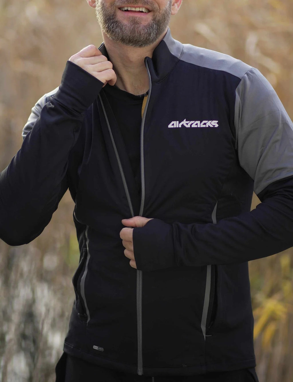 Herren Winter Fleece Laufshirt Langarm Thermo Running Sweatshirt Pro Line Schwarz Grau