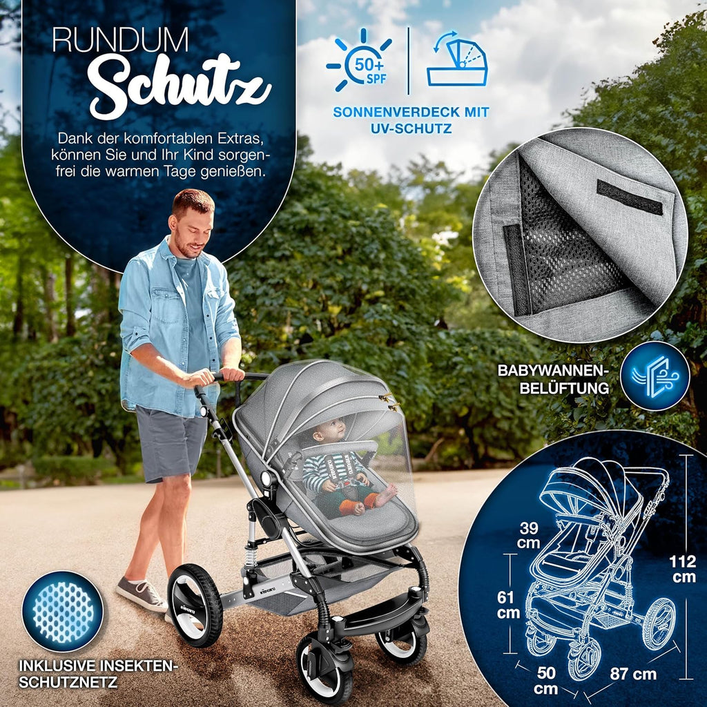 KIDUKU® Set completo passeggino 3 in 1 | Set passeggino combinato con navicella e sedile sportivo passeggino e seggiolino auto ovetto sacco a pelo | Ruote in gomma piena borsa per il cambio scaldamani parapioggia tavolino ECE R129