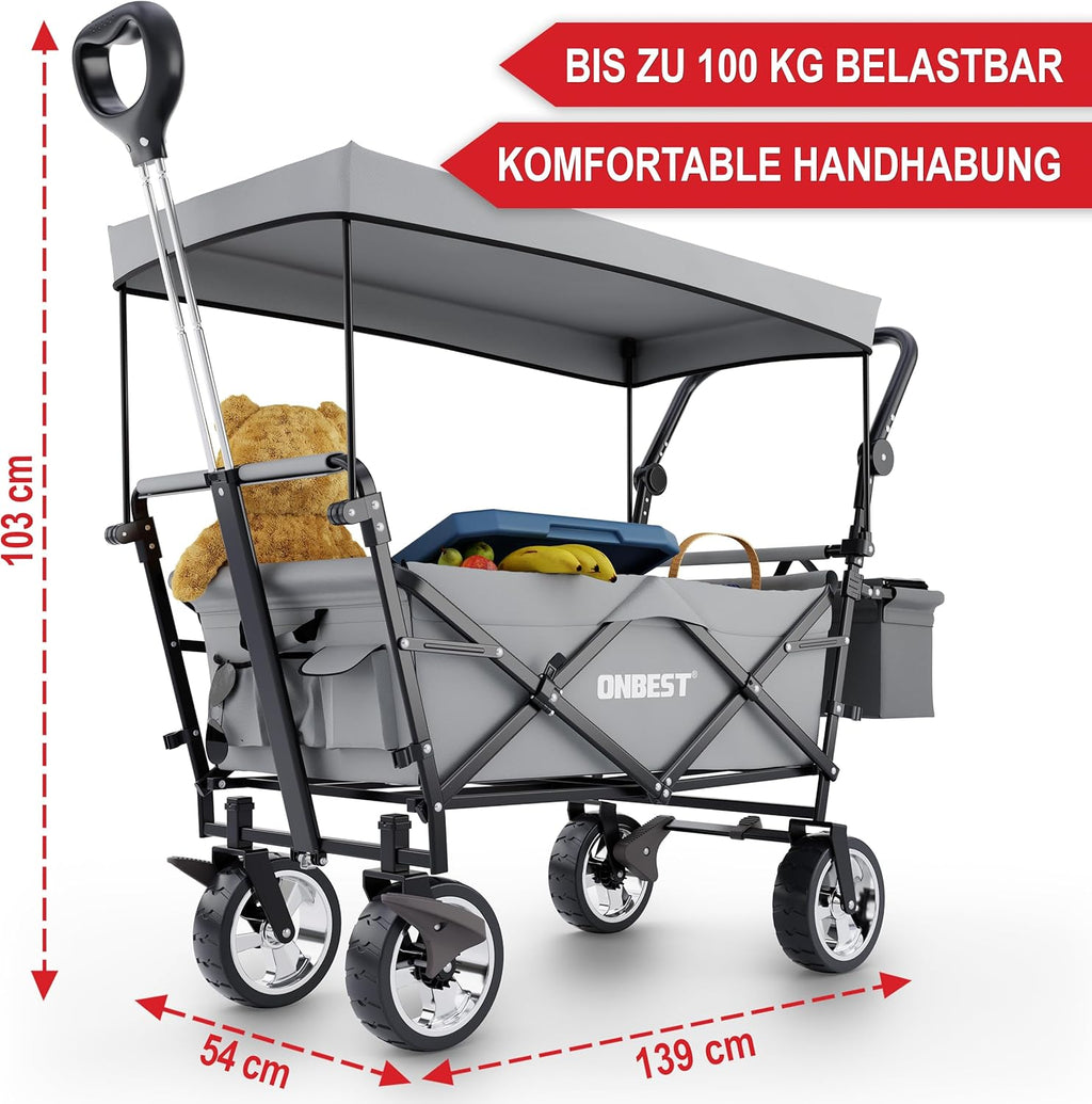 ONBEST Carretto Pieghevole - Con Parapioggia - Carrello Pieghevole con Tetto 100 kg di Carico - Tetto Parasole - Borsa Termica - Portabicchieri - Outdoor - Carrello da Spiaggia Pieghevole (Nero)