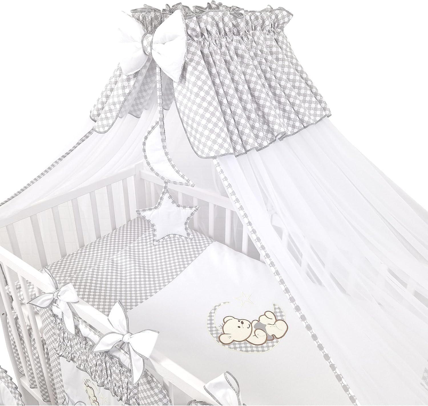 Bello24 - Set completo di 16 pezzi per culla e biancheria da letto Happy Leo, con materasso regolabile in altezza per neonati e bambini piccoli, in legno massello (Grigio - Orsetto Luna)