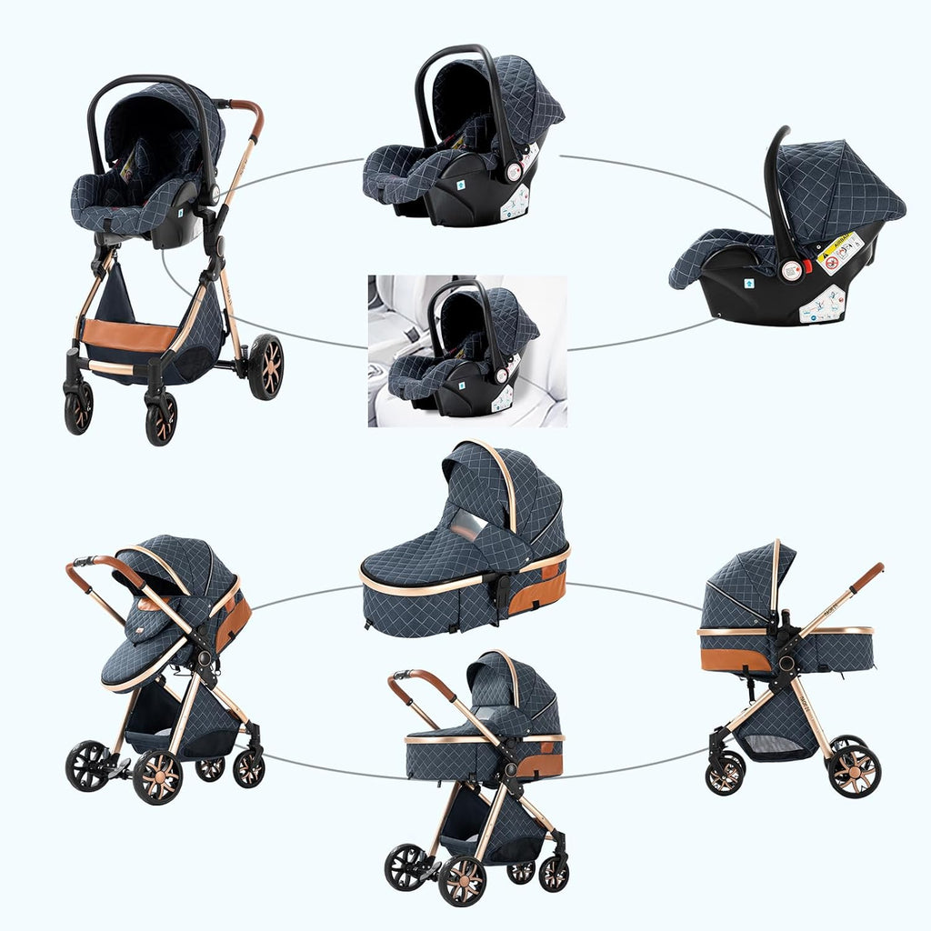 Sianldcone Passeggino 3 in 1, Set Passeggino con Tessuti di Alta Qualità, Sistemi di Viaggio con Spinta Reversibile, Passeggino Combinato a Vista Aperta Set Completo 3 in 1 (V9 Cachi)