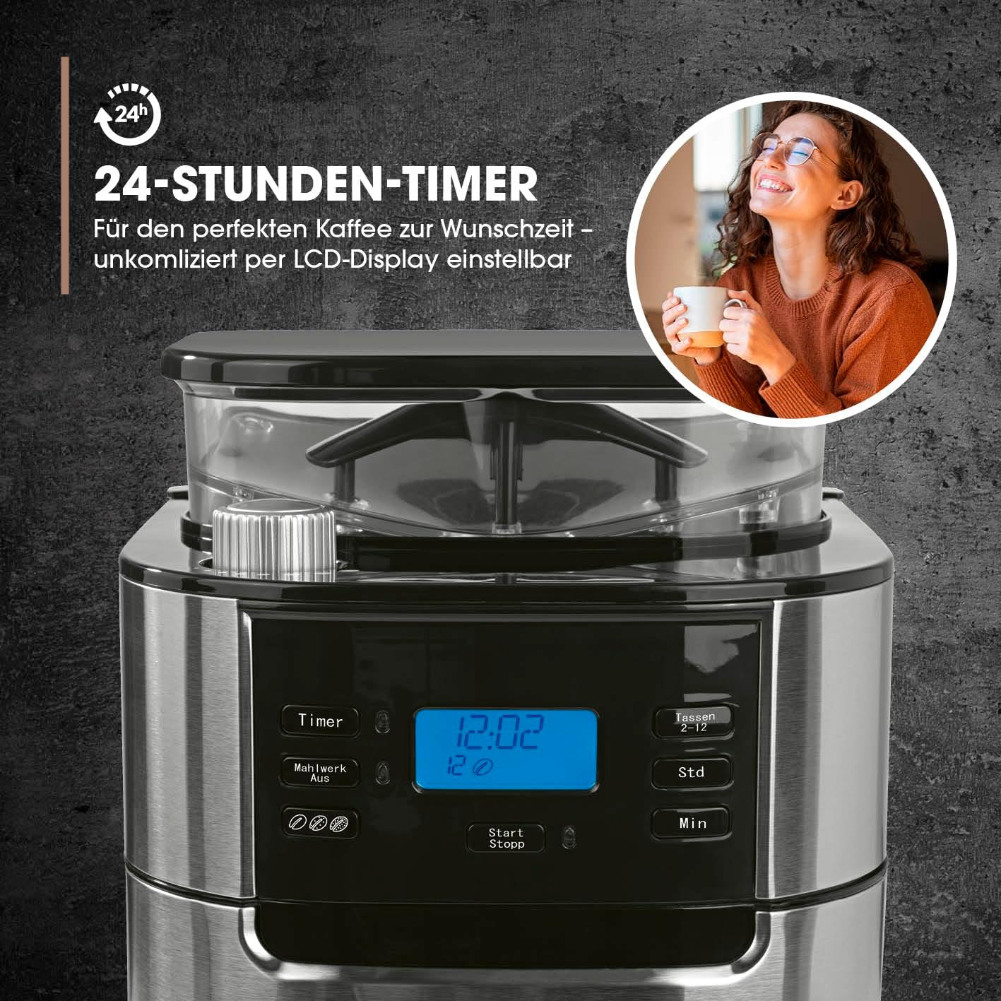 Barista Kaffeemaschine mit Mahlwerk | Filterkaffeemaschine mit Glaskanne | 900W Filtermaschine mit Touchdisplay & Timerfunktion für bis zu 10 Tassen | 1,25 Liter Kaffeekanne | Für Bohnen & Pulver
