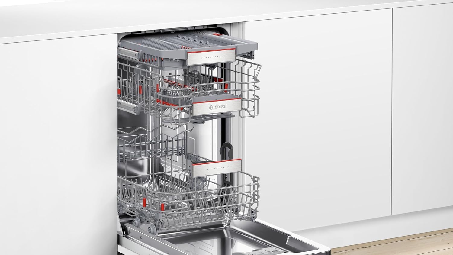 Bosch SPV2IKX10E Serie 2 Lavastoviglie smart a scomparsa totale, larghezza 45 cm, Cestello posate, Extra Asciugatura con la pressione di un pulsante, InfoLight punto luce rosso sul pavimento, AquaStop protezione dai danni causati dall'acqua, Bianco