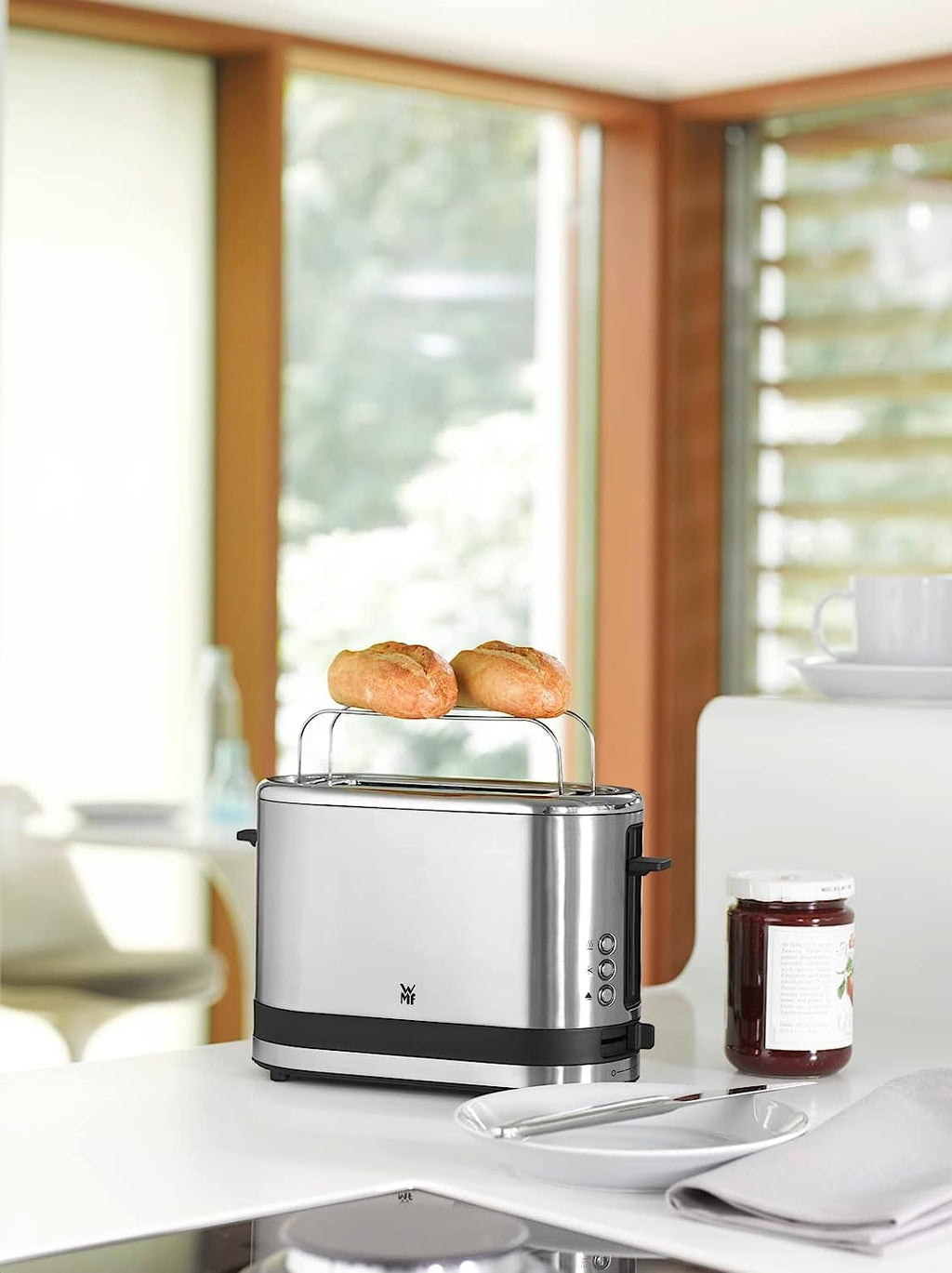 WMF Küchenminis 1-Scheiben Toaster Langschlitz XXl-Toast, Mini Toaster mit Brtchenaufsatz 7 Brunungsstufen berhitzungsschutz 600W Edelstahl matt
