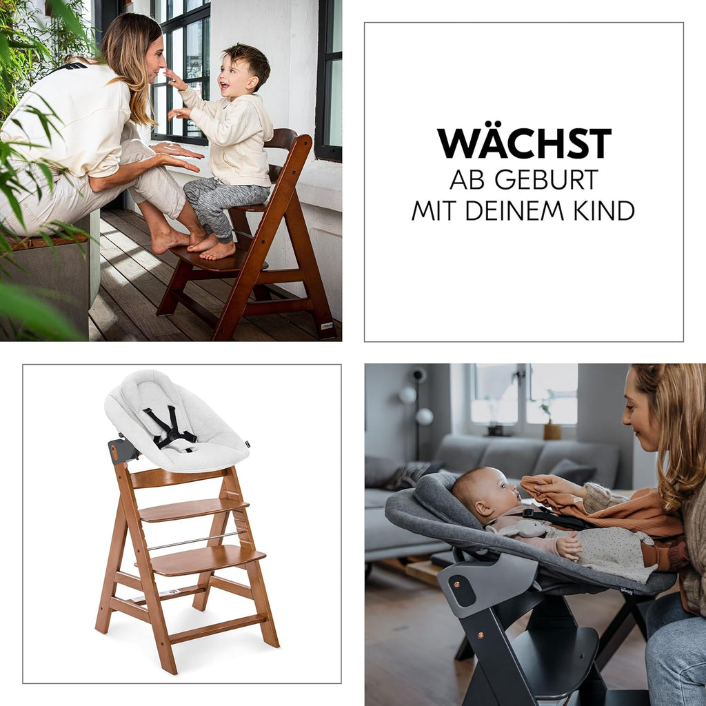hauck Alpha Plus Newborn Set mit Premium Bouncer Dark Grey - Baby Holz Hochstuhl ab Geburt mit Liegefunktion - extra flacher Aufsatz für Neugeborene & Baumwoll Sitzpolster - Grau