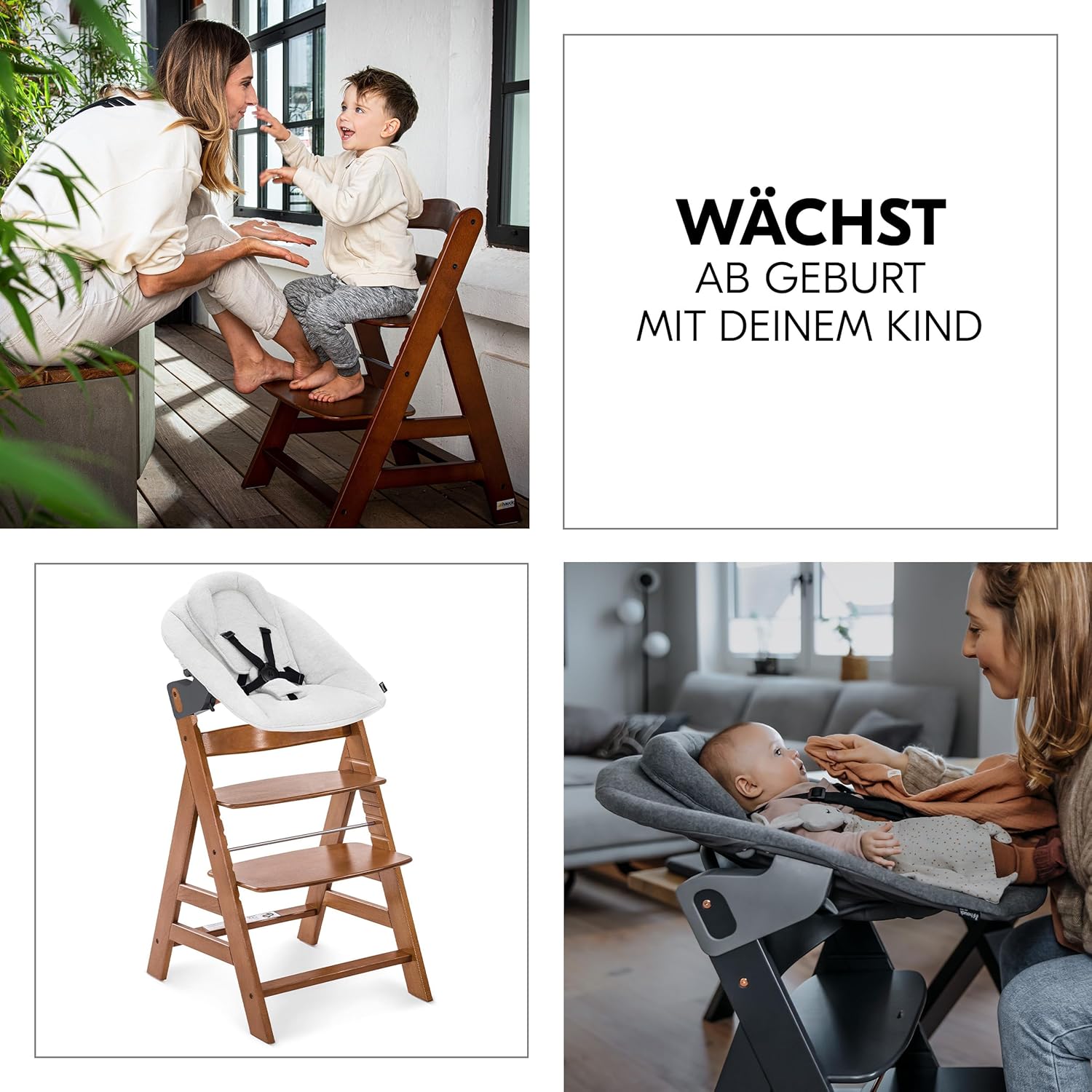 hauck Alpha Plus Newborn Set mit Premium Bouncer Dark Grey - Baby Holz Hochstuhl ab Geburt mit Liegefunktion - extra flacher Aufsatz für Neugeborene & Baumwoll Sitzpolster - Grau