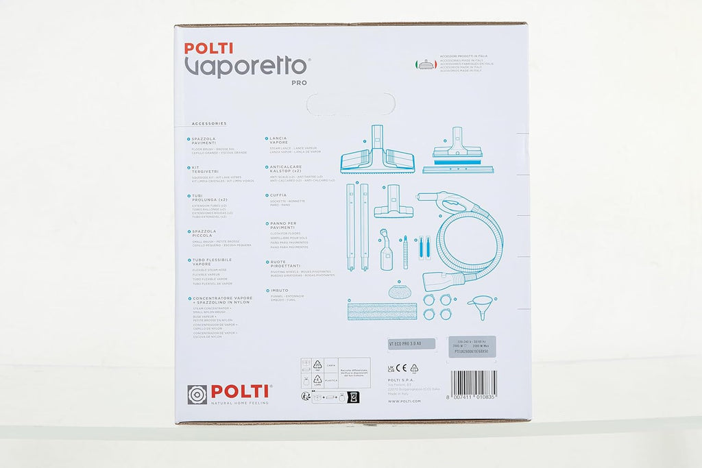 POLTI Vaporetto Eco Pro 3.0, Pulitore a vapore con caldaia e tappo di sicurezza, Potenza caldaia max 2000 W, Serbatoio da 2 litri, 9 accessori in dotazione, Made in Italy, grigio
