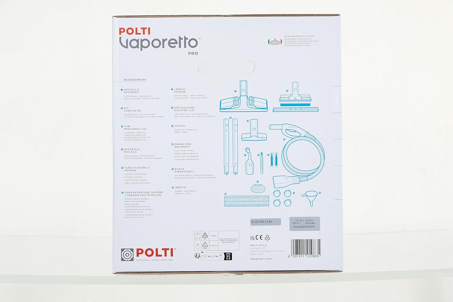 POLTI Vaporetto Eco Pro 3.0, Pulitore a vapore con caldaia e tappo di sicurezza, Potenza caldaia max 2000 W, Serbatoio da 2 litri, 9 accessori in dotazione, Made in Italy, grigio