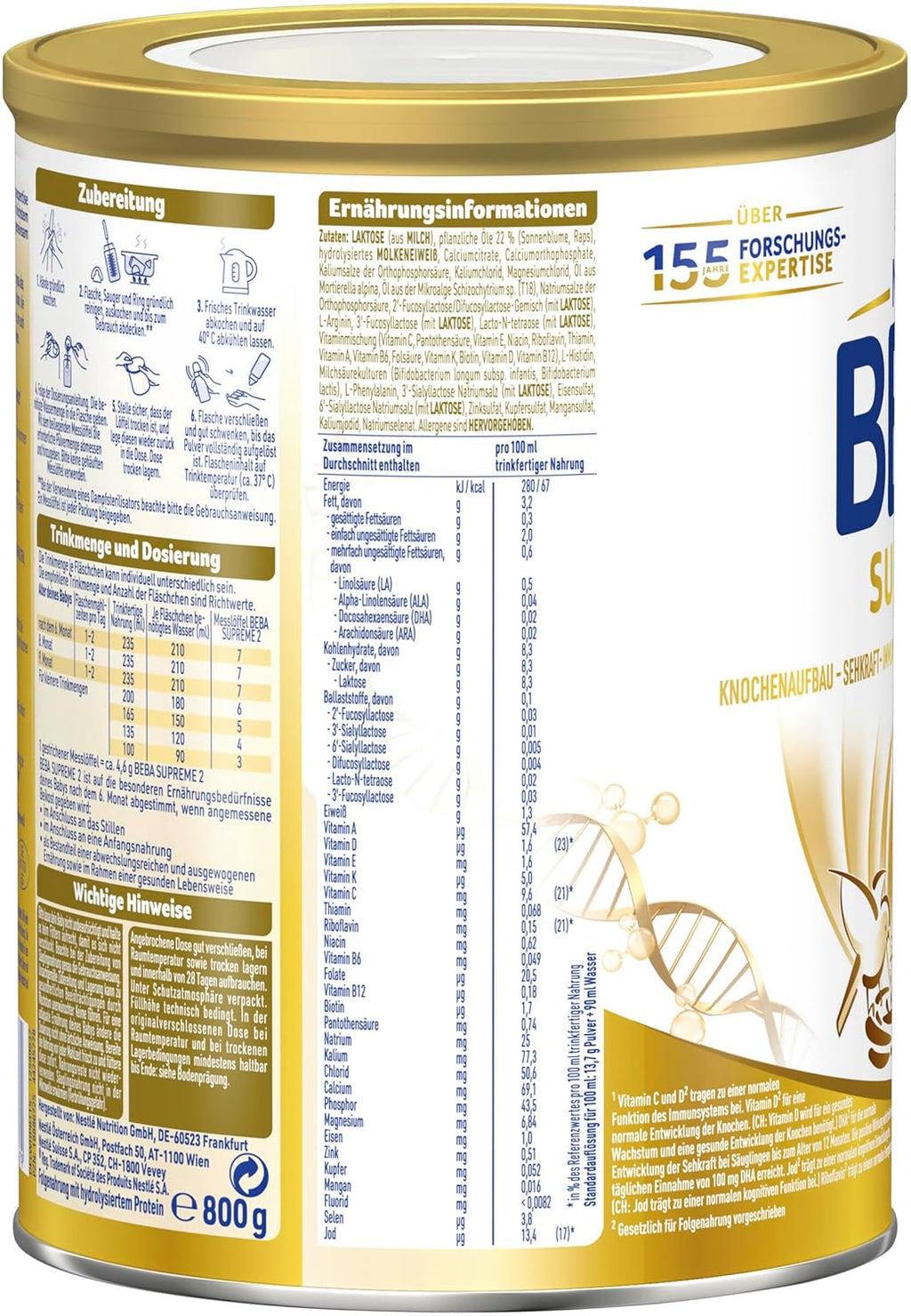 BEBA SUPREME 2 Folgemilch nach dem 6. Monat, Babynahrung mit 6 HMO Komplex, nur Laktose, ohne Palmöl, 6er Pack (12 x 800g)
