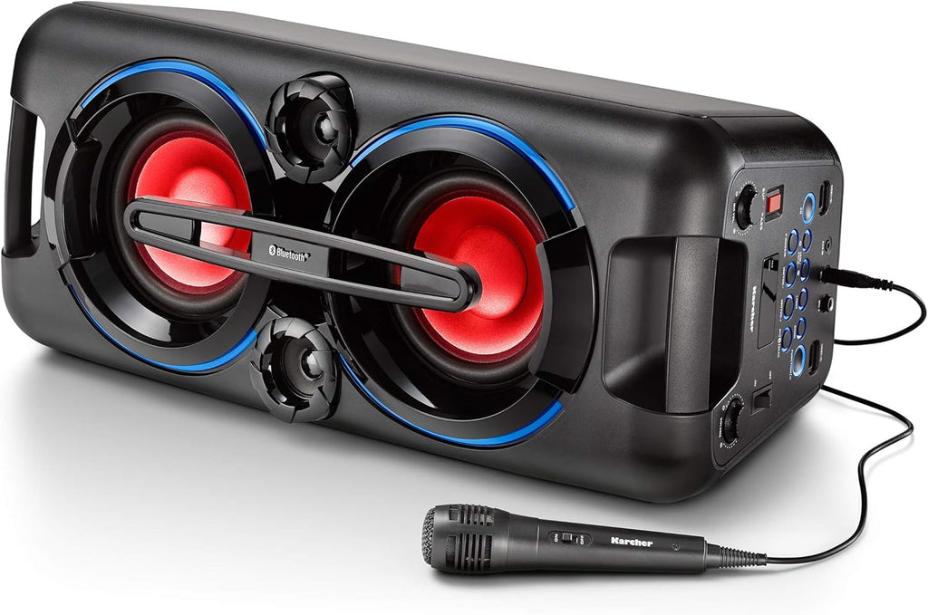 Karcher PS 4460 PartyBox nero, Altoparlante Bluetooth portatile grande, Party Musicbox con bassi potenti ed effetti di luce, Cassa mobile a batteria, con radio, USB, incluso microfono