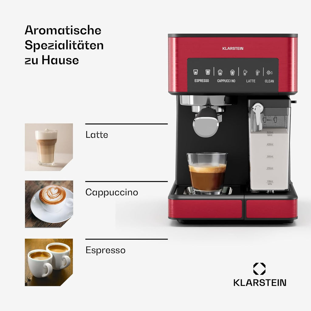 Klarstein Macchina da Caffè Espresso con Lancia Vapore, Macchinetta Caffè con Portafiltro, 1,8 L, 20 Bar, Acciaio Inox, Piccola, Serbatoio Latte 0,5 L, 1350 W, per Caffè in Polvere