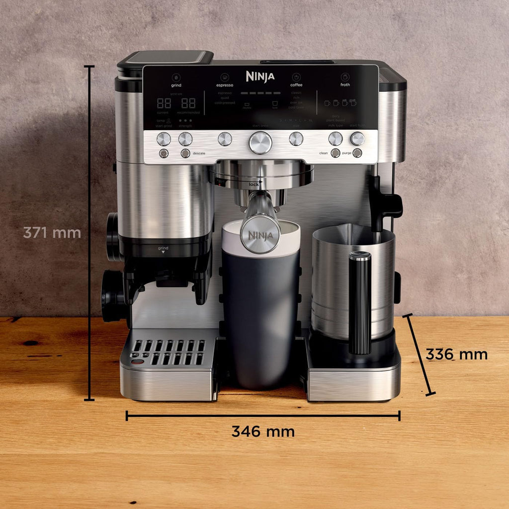 Ninja Luxe Essential Macchina da caffè 2-in-1 con macinacaffè e montalatte per latte, cappuccino ed espresso, facile da usare, 2 impostazioni predefinite per la schiuma, argento, ES501EU