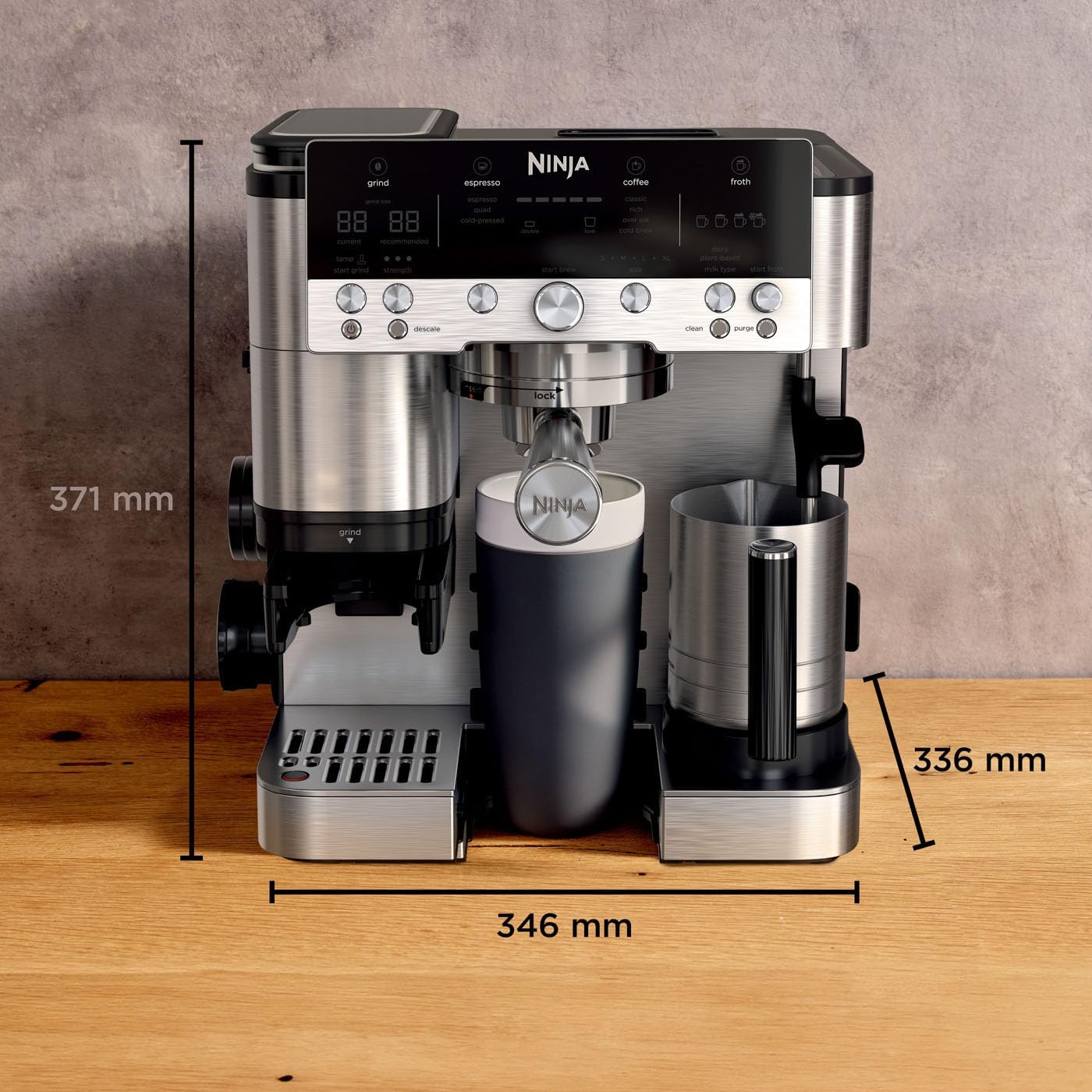 Ninja Luxe Essential Macchina da caffè 2-in-1 con macinacaffè e montalatte per latte, cappuccino ed espresso, facile da usare, 2 impostazioni predefinite per la schiuma, argento, ES501EU