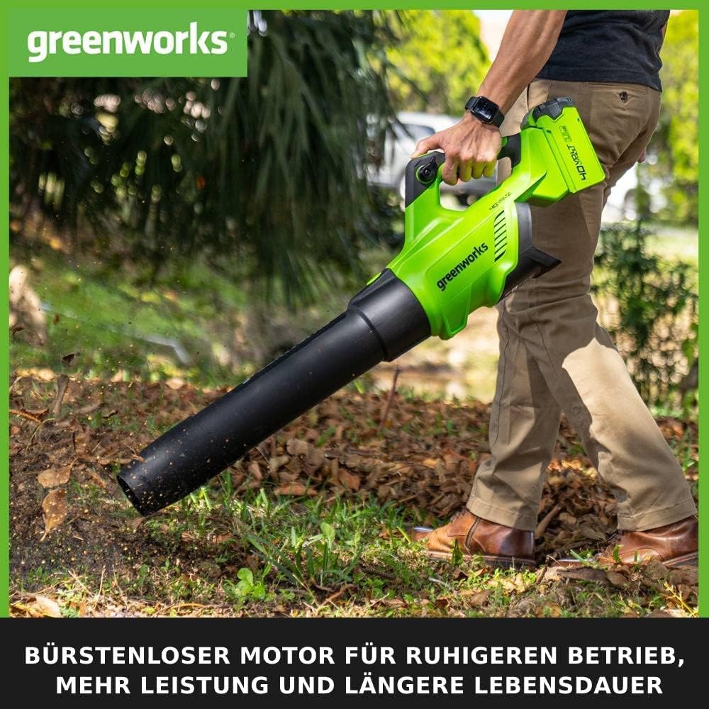 Greenworks G40ABK2 Axial Laubblser mit Tempomat, 177 km/h, 11,05 m/min, 40V 2Ah Batterie & Ladegert, 3 Jahre Garantie
