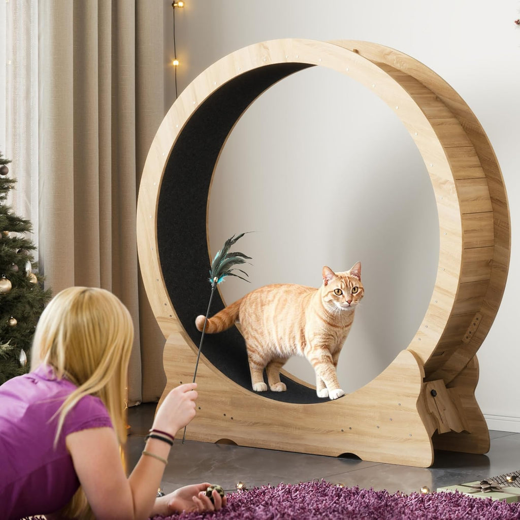 Mondeer Ruota per gatti da interno, tapis roulant da 110 cm con tappeto rimovibile, ruota da corsa in legno per gatti di taglia piccola, media e grande, attrezzo per fitness e perdita di peso, nero