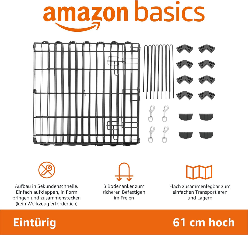 Amazon Basics - Achteckig, Laufgehege für Hunde und andere Haustiere, faltbar, Metall, mit Tür,122 cm, Schwarz