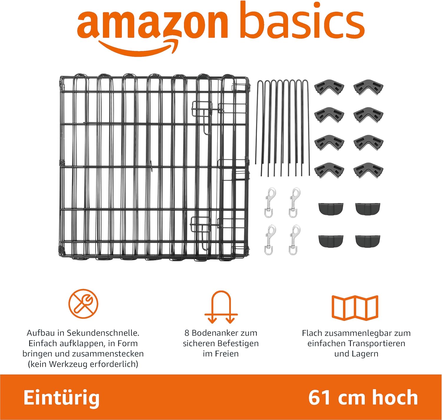 Amazon Basics - Achteckig, Laufgehege für Hunde und andere Haustiere, faltbar, Metall, mit Tür,122 cm, Schwarz